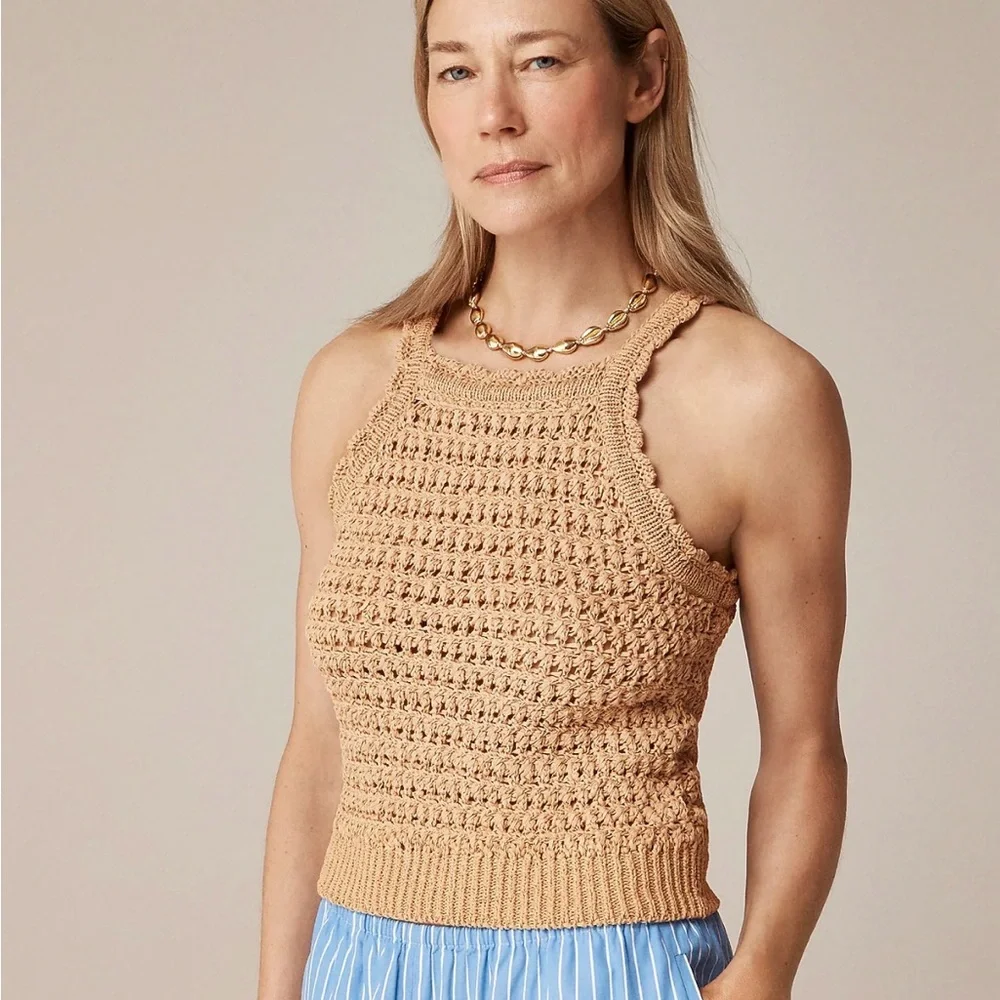 J. Crew Montauk Crochet Tank Top ‎ Women's XL Dark Basket Stitch Beige Beach